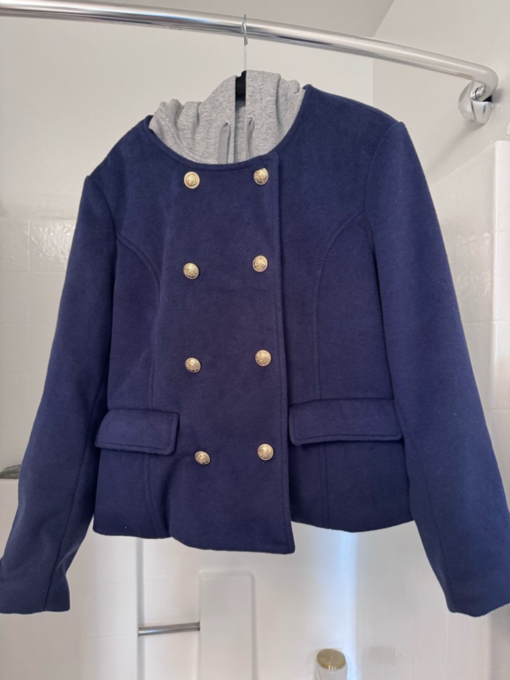 Maeve Twofer Navy Double-Breasted Hoodie Peacoat with Gold Buttons